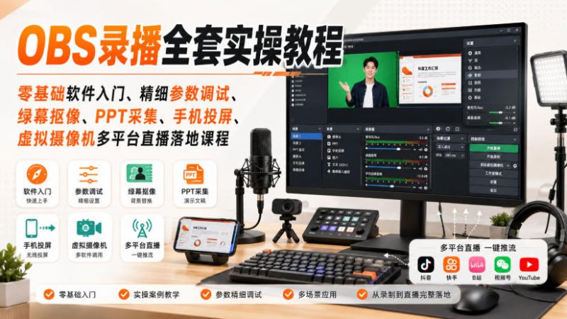 OBS录播全套实操教程|零基础软件入门、精细参数调试、绿幕抠像、手机投屏、虚拟摄像机多平台直播落地课程 - 严选资源大全 - 严选资源大全