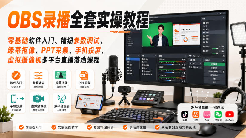 OBS录播全套实操教程｜零基础软件入门、精细参数调试、绿幕抠像、手机投屏、虚拟摄像机多平台直播落地课程 - 严选资源大全