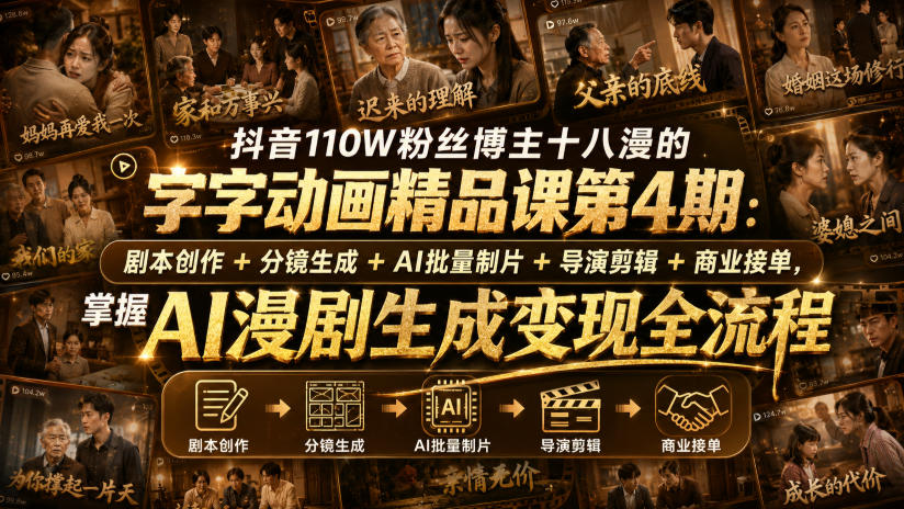 抖音110W粉丝博主十八漫的字字动画精品课第4期：剧本创作+分镜生成+剪辑+商业接单，掌握AI漫剧生成变现全流程 - 严选资源大全