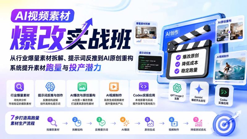AI视频素材爆改实战班-更新8月:从行业爆量素材拆解、提示词反推到AI原创重构,系统提升素材跑量与投产潜力 - 严选资源大全 - 严选资源大全