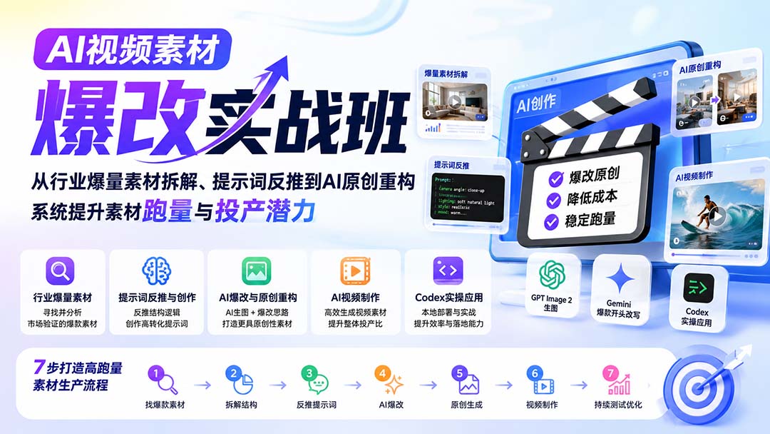 AI视频素材爆改实战班-更新8月:从行业爆量素材拆解、提示词反推到AI原创重构,系统提升素材跑量与投产潜力 - 严选资源大全