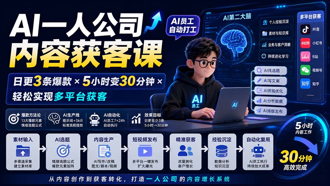 AI一人公司内容获客课-更新8月:日更3条爆款×5小时变30分钟×AI员工自动打工,轻松实现多平台获客 - 严选资源大全
