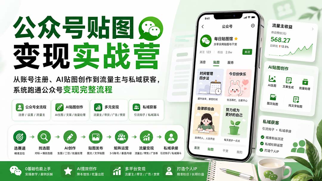公众号贴图变现实战营:从账号注册、AI贴图创作到流量主与私域获客,系统跑通公众号变现完整流程 - 严选资源大全