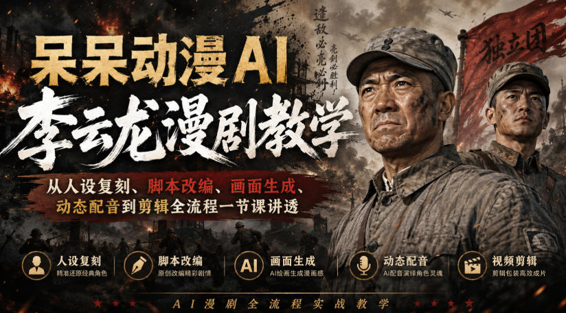 呆呆动漫AI李云龙漫剧教学，从人设复刻、脚本改编、画面生成、动态配音到剪辑全流程一节课讲透 - 严选资源大全