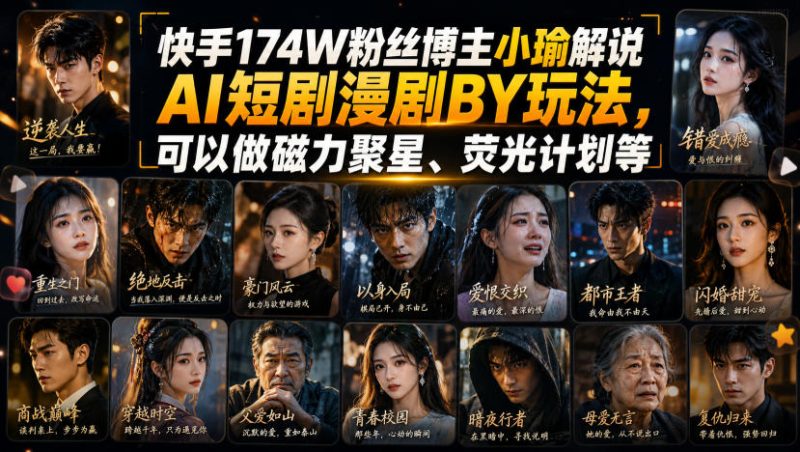 快手174W粉丝博主小瑜解说AI短剧漫剧搬运玩法,可以做磁力聚星、荧光计划等 - 严选资源大全 - 严选资源大全