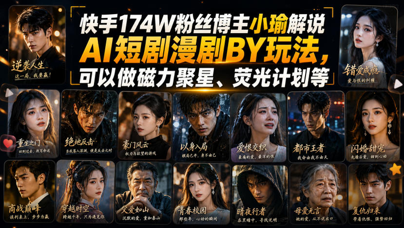 快手174W粉丝博主小瑜解说AI短剧漫剧搬运玩法,可以做磁力聚星、荧光计划等 - 严选资源大全
