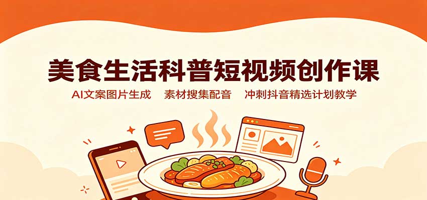 美食生活科普短视频创作课：AI文案图片生成，素材搜集配音，冲刺抖音精选计划教学 - 严选资源大全