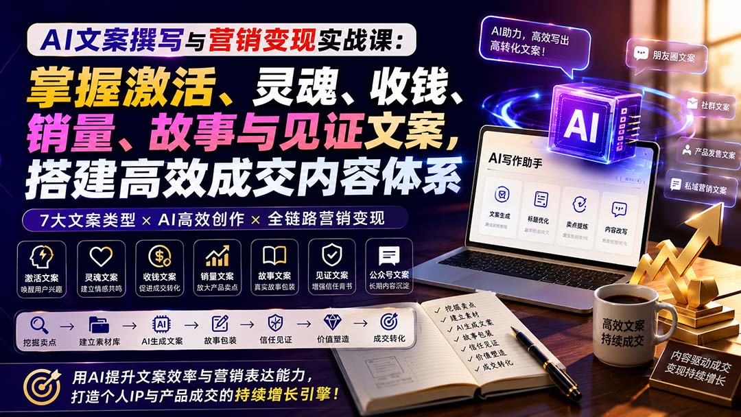 AI文案撰写与营销变现实战课:掌握激活、灵魂、收钱、销量、故事与见证文案,搭建高效成交内容体系 - 严选资源大全