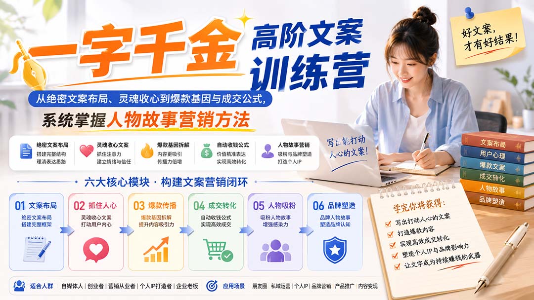 一字千金高阶文案训练营:从绝密文案布局、灵魂收心到爆款基因与成交公式,系统掌握人物故事营销方法 - 严选资源大全