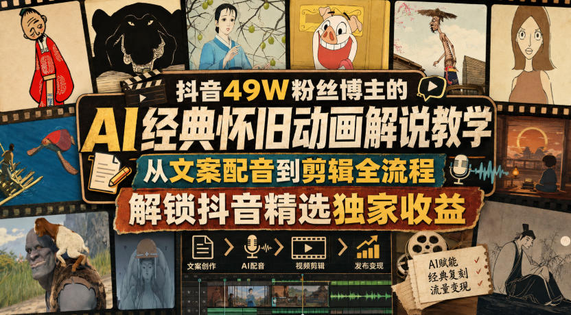 抖音49W粉丝博主的AI经典怀旧动画解说教学，从文案配音到剪辑全流程，解锁抖音精选独家收益 - 严选资源大全