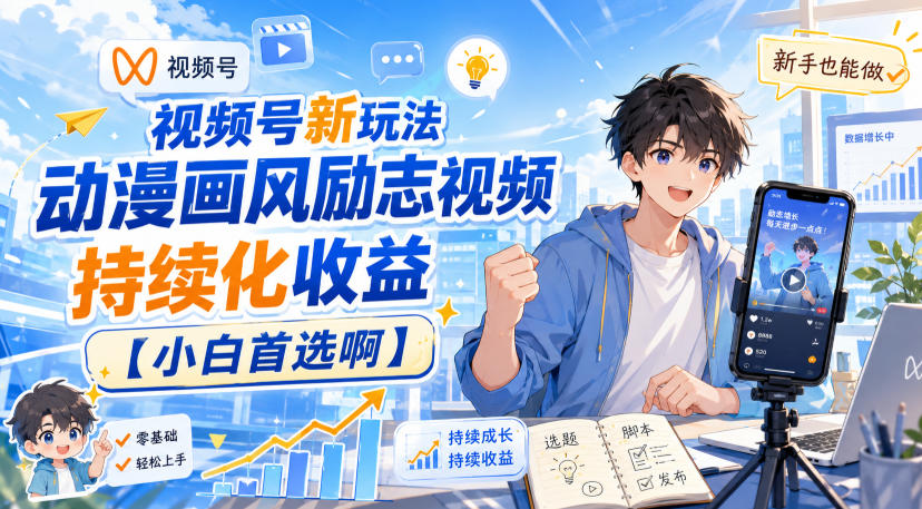 视频号新玩法动漫画风励志视频,持续化收益【小白首选啊】 - 严选资源大全