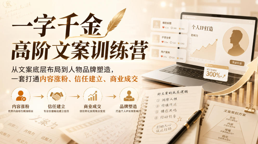 一字千金高阶文案训练营，从文案底层布局到人物品牌塑造，一套打通内容涨粉、信任建立、商业成交 - 严选资源大全