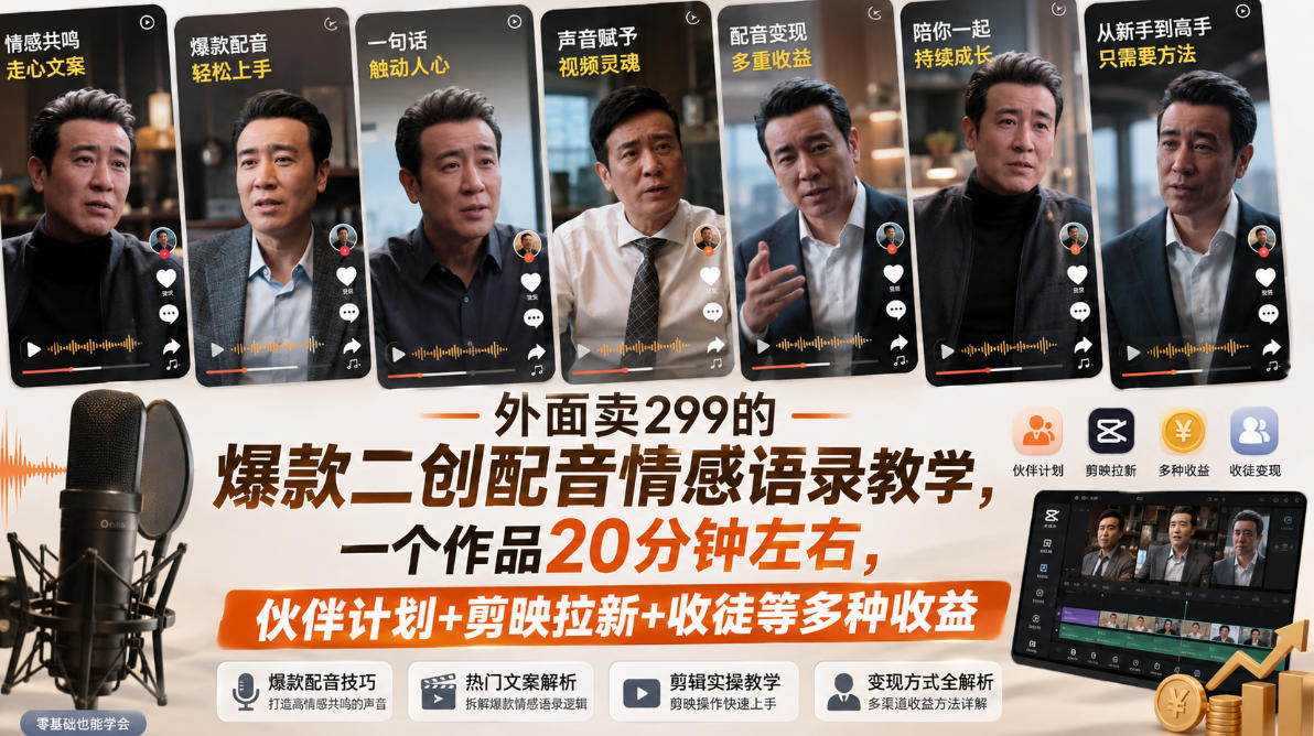 外面卖299的爆款二创配音情感语录教学，一个作品20分钟左右，伙伴计划+剪映拉新+收徒等多种收益 - 严选资源大全
