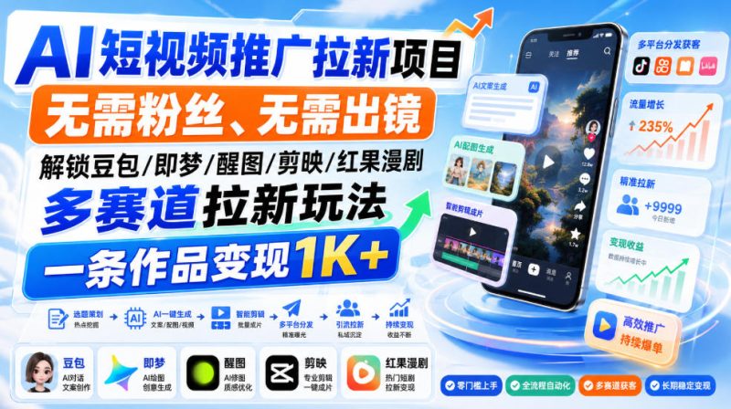 AI短视频推广拉新项目,无需粉丝、无需出镜,解锁豆包/即梦/醒图/剪映/红果漫剧多赛道拉新玩法,一条作品变现1K+ - 严选资源大全 - 严选资源大全