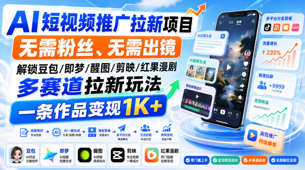 AI短视频推广拉新项目，无需粉丝、无需出镜，解锁豆包/即梦/醒图/剪映/红果漫剧多赛道拉新玩法，一条作品变现1K+ - 严选资源大全