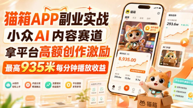 猫箱APP副业实战,小众AI内容赛道,拿平台高额创作激励,最高935米每分钟播放收益 - 严选资源大全 - 严选资源大全