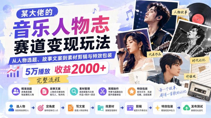 某大佬的音乐人物志赛道变现玩法:从人物选题、故事文案到素材剪辑与特效包装,5万播放收益2000+完整流程 - 严选资源大全 - 严选资源大全