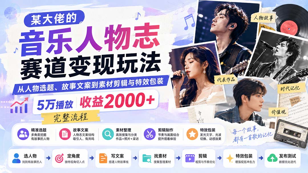 某大佬的音乐人物志赛道变现玩法:从人物选题、故事文案到素材剪辑与特效包装,5万播放收益2000+完整流程 - 严选资源大全