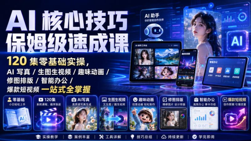 AI核心技巧保姆级速成课｜120集零基础实操，AI写真/生图生视频/趣味动画/修图排版/智能办公/爆款短视频一站式全掌握(更新) - 严选资源大全 - 严选资源大全