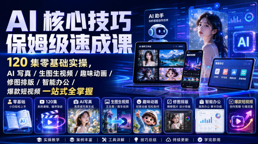 AI核心技巧保姆级速成课|120集零基础实操,AI写真/生图生视频/趣味动画/修图排版/智能办公/爆款短视频一站式全掌握(更新) - 严选资源大全