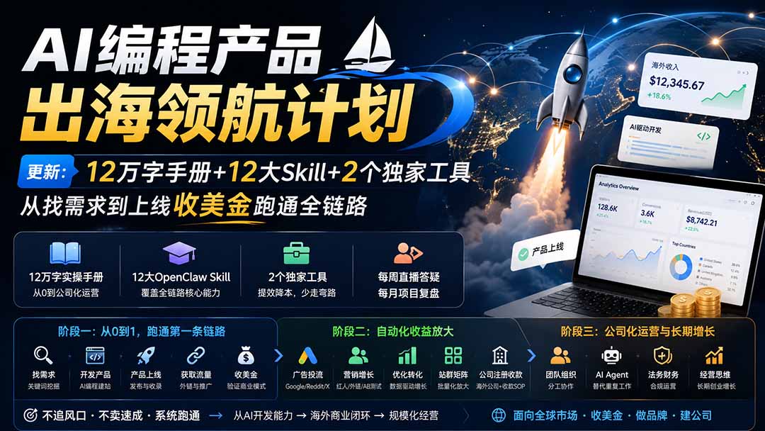 图片[1] - AI编程产品出海领航计划-更新：12万字手册+12大Skill+2个独家工具，从找需求到上线收美金跑通全链路 - 严选资源大全 - 严选资源大全