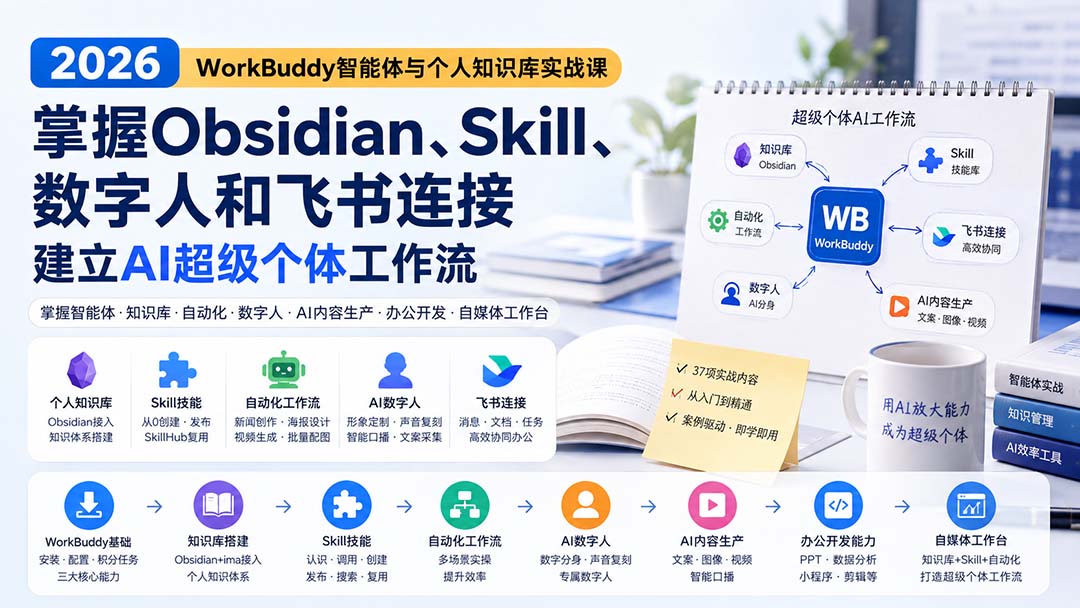 2026 WorkBuddy智能体与个人知识库实战课:掌握Obsidian、Skill、数字人和飞书连接,建立AI超级个体工作流 - 严选资源大全
