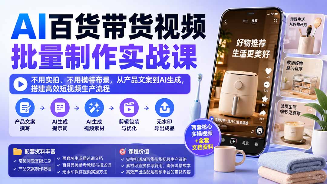 AI百货带货视频批量制作实战课:不用实拍、不用模特布景,从产品文案到AI生成,搭建高效短视频生产流程 - 严选资源大全