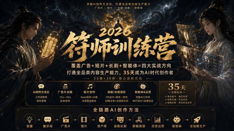符师训练营-35天成为AI时代创作者,广告+短片+漫剧+智能体四大实战方向,掌握从创意到上线的完整工作流 - 严选资源大全 - 严选资源大全