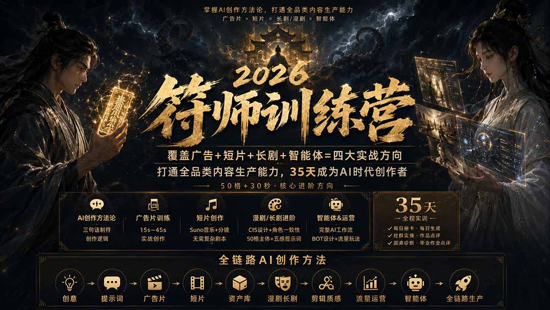符师训练营-35天成为AI时代创作者,广告+短片+漫剧+智能体四大实战方向,掌握从创意到上线的完整工作流 - 严选资源大全