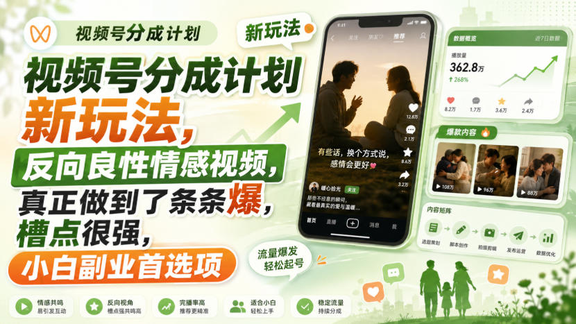视频号分成计划新玩法，反向良性情感视频，真正做到了条条爆，槽点很强，小白副业首选项 - 严选资源大全