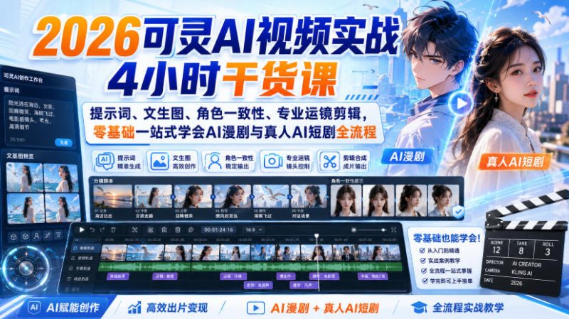 2026可灵AI视频实战4小时干货课|提示词、文生图、角色一致性、专业运镜剪辑,零基础一站式学会AI漫剧与真人AI短剧全流程 - 严选资源大全 - 严选资源大全