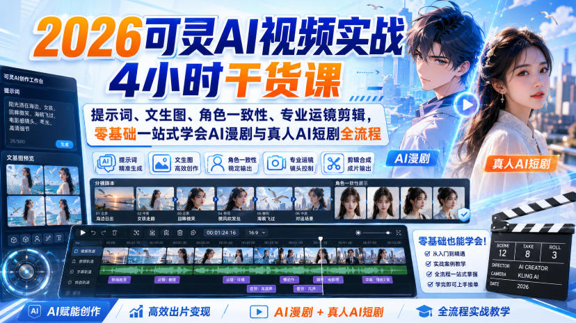 2026可灵AI视频实战4小时干货课|提示词、文生图、角色一致性、专业运镜剪辑,零基础一站式学会AI漫剧与真人AI短剧全流程 - 严选资源大全