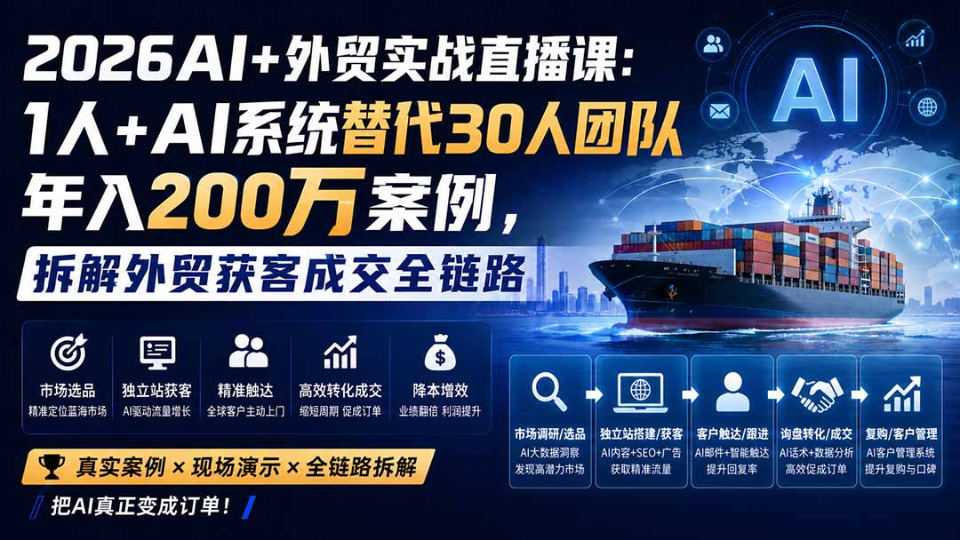 2026AI+外贸实战直播课:1人+AI系统替代30人团队年入200万案例,拆解外贸获客成交全链路 - 严选资源大全