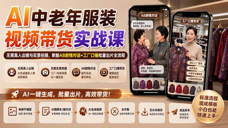 AI中老年服装视频带货实战课:无需真人出镜与实景拍摄,掌握AB剧情对话+工厂口播批量出片全流程 - 严选资源大全 - 严选资源大全