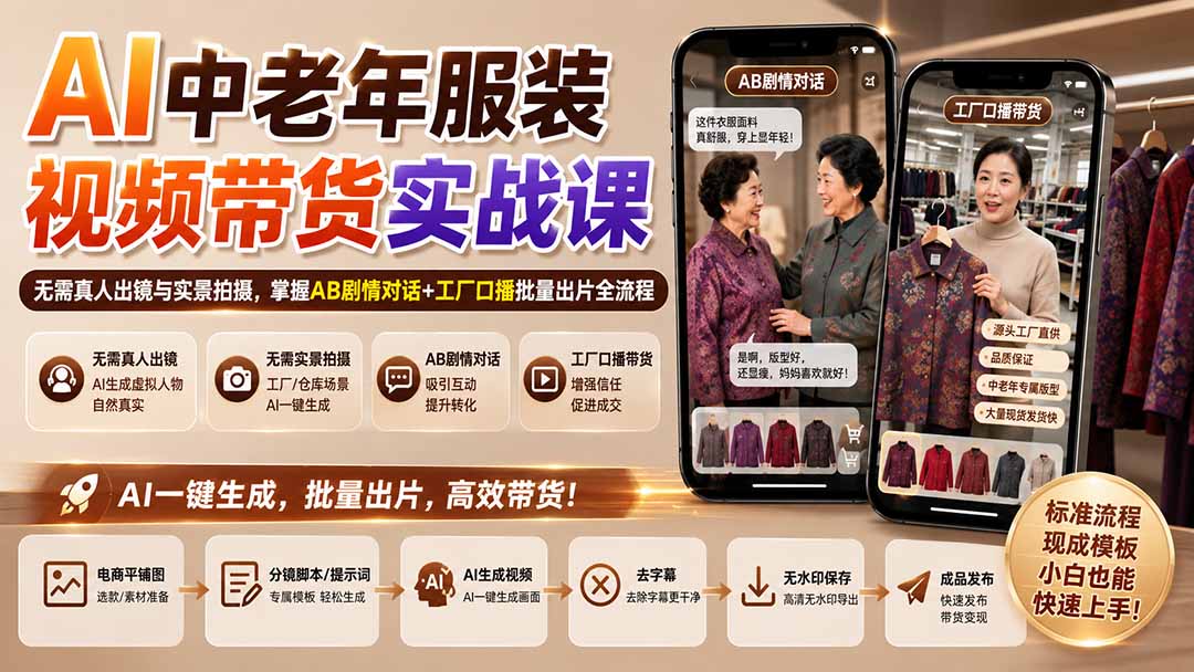 AI中老年服装视频带货实战课:无需真人出镜与实景拍摄,掌握AB剧情对话+工厂口播批量出片全流程 - 严选资源大全
