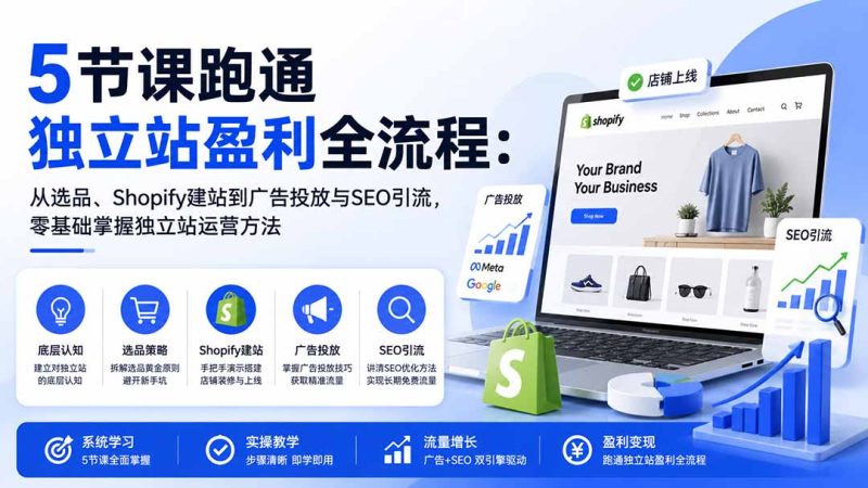 5节课跑通独立站盈利全流程:从选品、Shopify建站到广告投放与SEO引流,零基础掌握独立站运营方法 - 严选资源大全 - 严选资源大全