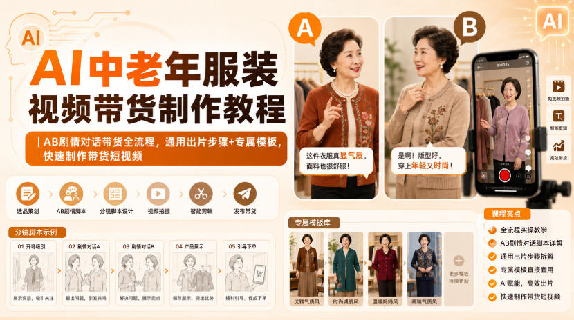 AI中老年服装视频带货制作教程｜AB剧情对话带货全流程，通用出片步骤+专属模板，快速制作带货短视频 - 严选资源大全
