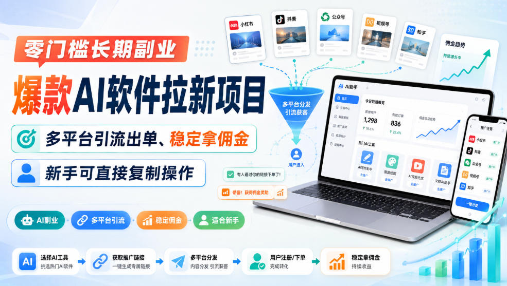 零门槛长期副业，爆款AI软件拉新项目，多平台引流出单、稳定拿佣金，新手可直接复制操作 - 严选资源大全