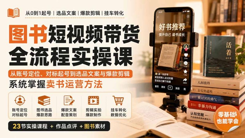 图书短视频带货全流程实操课:从账号定位、对标起号到选品文案与爆款剪辑,系统掌握卖书运营方法 - 严选资源大全 - 严选资源大全