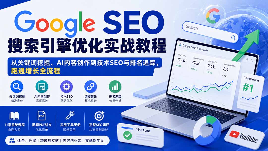 Google SEO搜索引擎优化实战教程:从关键词挖掘、AI内容创作到技术SEO与排名追踪,跑通增长全流程 - 严选资源大全
