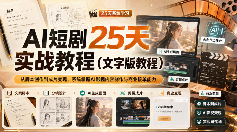 AI短剧25天实战教程(文字版教程)，从脚本创作到成片变现，系统掌握AI影视内容制作与商业接单能力 - 严选资源大全