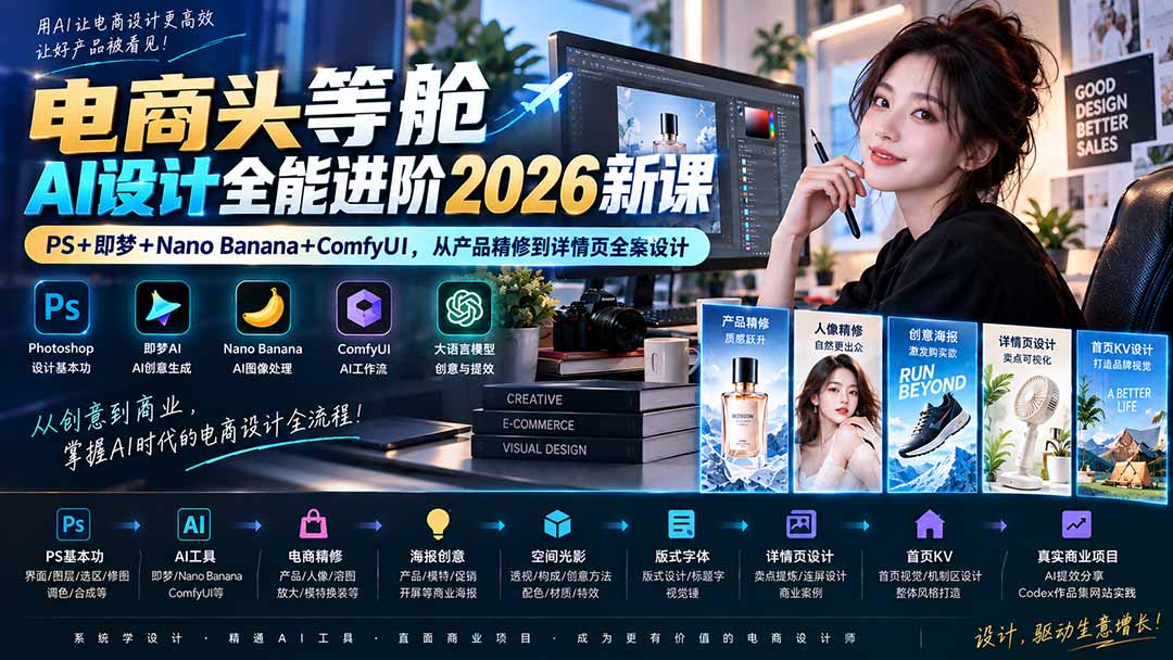 电商头等舱AI设计全能进阶2026新课:PS+即梦+Nano Banana+ComfyUI,从产品精修到详情页全案设计 - 严选资源大全