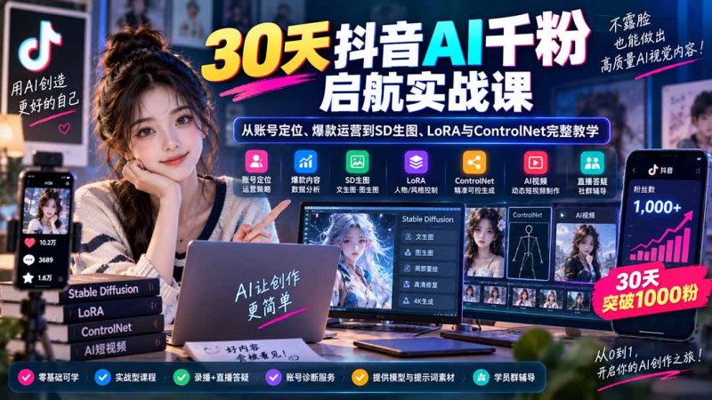30天抖音AI千粉启航实战课:从账号定位、爆款运营到SD生图、LoRA与ControlNet完整教学 - 严选资源大全 - 严选资源大全