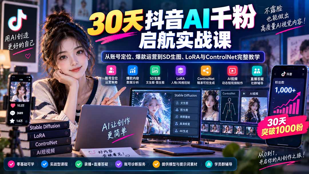 30天抖音AI千粉启航实战课:从账号定位、爆款运营到SD生图、LoRA与ControlNet完整教学 - 严选资源大全