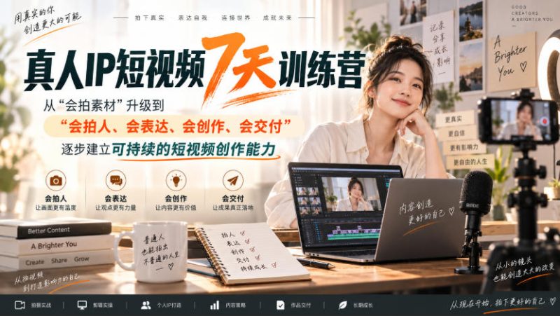 真人IP短视频7天训练营，从“会拍素材”升级到“会拍人、会表达、会创作、会交付”，逐步建立可持续的短视频创作能力 - 严选资源大全 - 严选资源大全