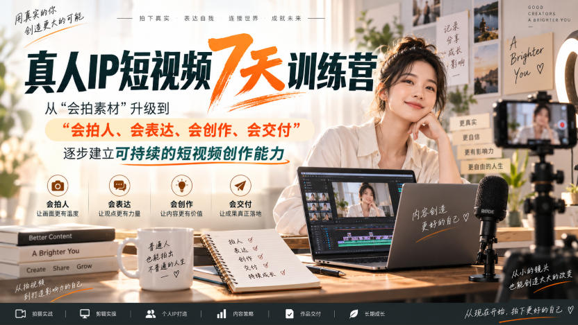 真人IP短视频7天训练营，从“会拍素材”升级到“会拍人、会表达、会创作、会交付”，逐步建立可持续的短视频创作能力 - 严选资源大全