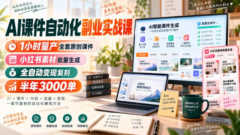 AI课件自动化副业实战课，1小时量产全套原创课件，小红书素材批量生成，全自动变现复刻，半年3000单 - 严选资源大全 - 严选资源大全
