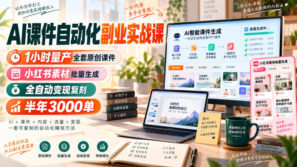 AI课件自动化副业实战课，1小时量产全套原创课件，小红书素材批量生成，全自动变现复刻，半年3000单 - 严选资源大全