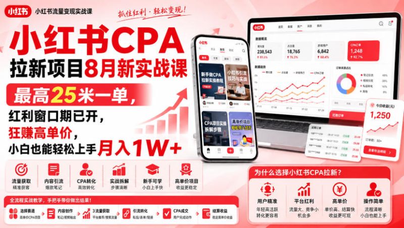 小红书CPA拉新项目8月新实战课,最高25米一单,红利窗口期已开,狂賺高单价,小白也能轻松上手月入1W+(更新0907) - 严选资源大全 - 严选资源大全