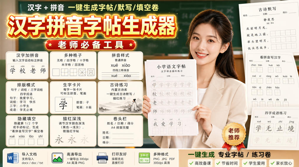 学习神器，汉字拼音字帖生成器，汉字+拼音 一键生成字帖/默写/填空卷，支持词组、成语，老师、家长必备 - 严选资源大全